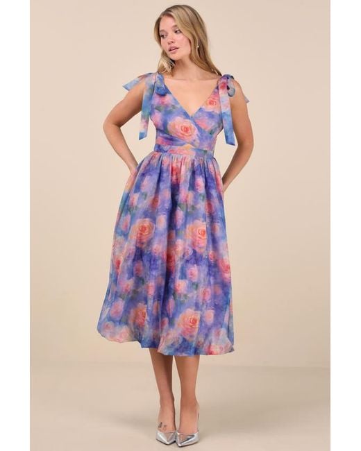 Lulus Purple Flowering Day Dream Floral Organza Midi Bubble Dress
