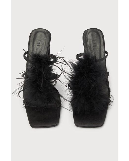 Billini Black Kayden Satin Feather Slide-On High Heel Sandals