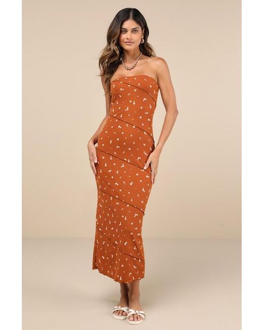 Lulus Orange Summery Spirit Rust Floral Ribbed Strapless Midi Dress