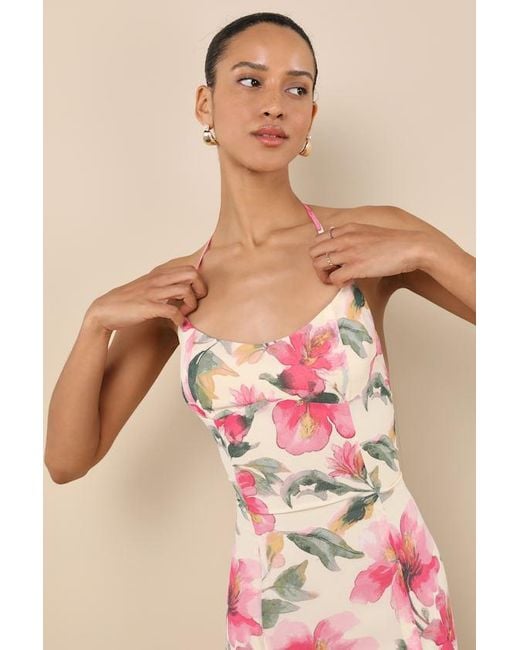 Lulus Pink Harleigh Floral Column Halter Midi Dress