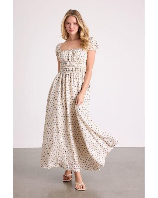 Lulus White Wanda Ditsy Floral Tie-Back Puff Sleeve Maxi Dress