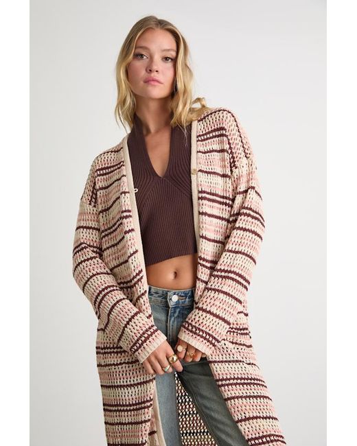 Lulus Natural Breezy Strolls Multi Striped Crochet Long Cardigan