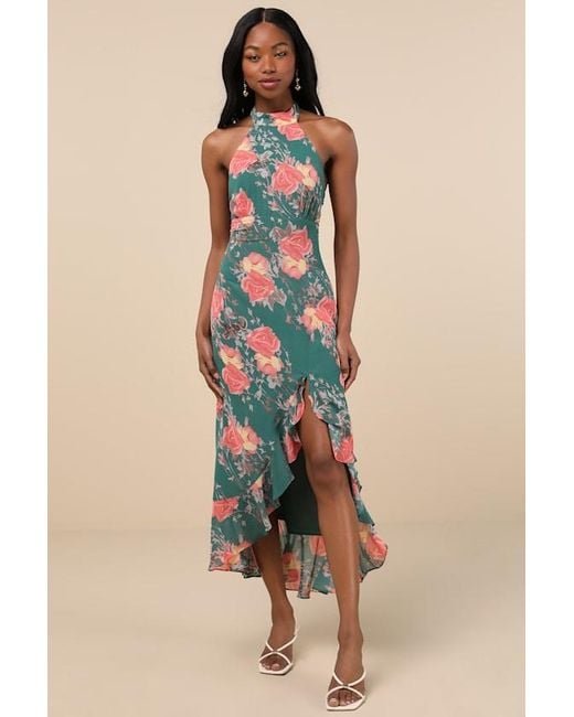 Lulus Blue Elegant Entrance Floral Print Halter Maxi Dress