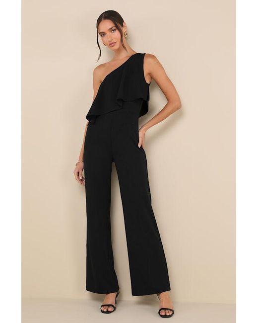 Lulus Black Flawless Vibes One-Shoulder Tiered Wide-Leg Jumpsuit