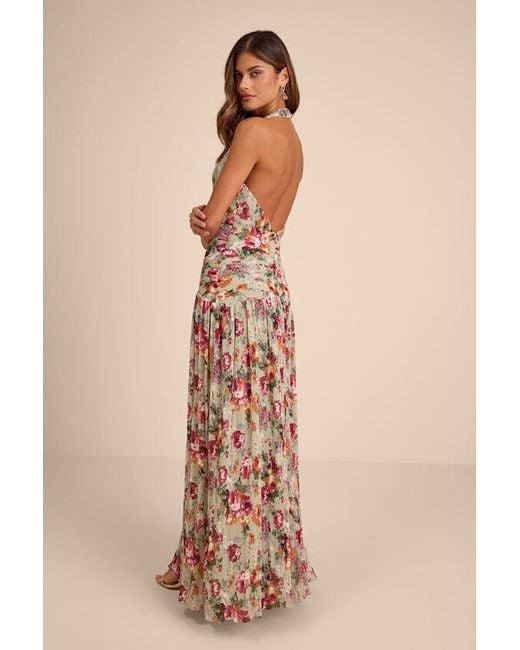 Lulus Natural Sylvanna Sage Floral Halter Drop Waist Maxi Dress