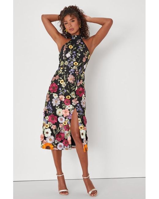 Lulus Black Unique Impression 3D Floral Embroidered Halter Midi Dress