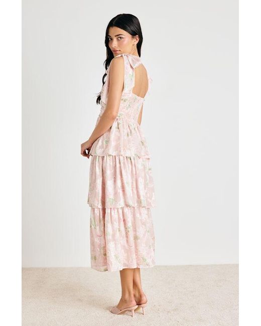 Lulus Pink Baina Blush Floral Jacquard Tiered Midi Dress