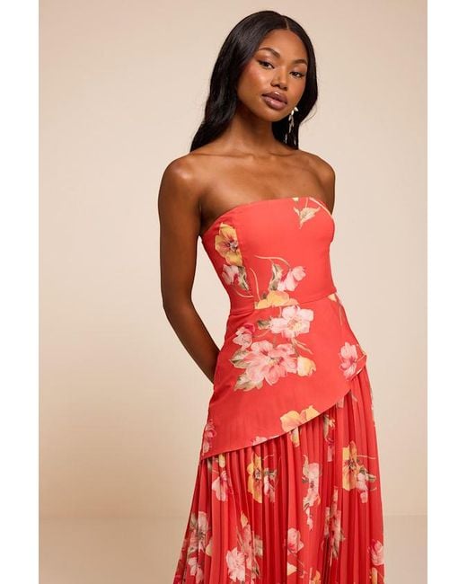 Lulus Red Novena Multi Floral Drop Waist Midi Dress