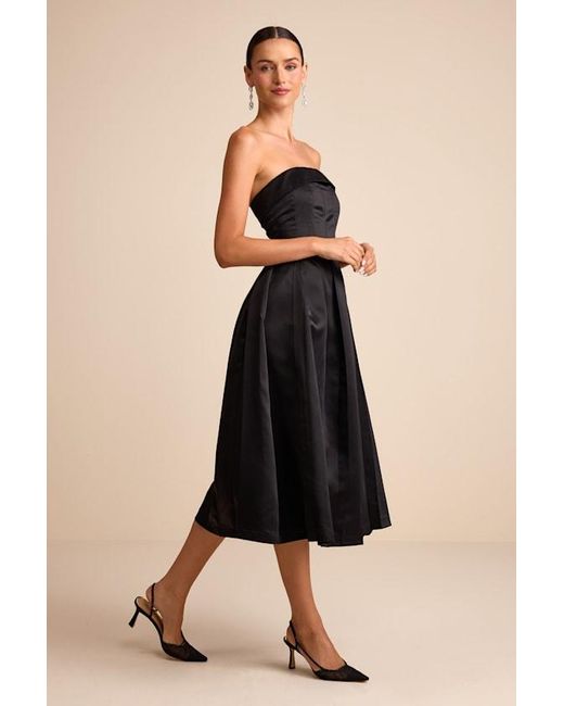 Lulus Black Indaya Satin Seamed Pleated Strapless Midi Dress