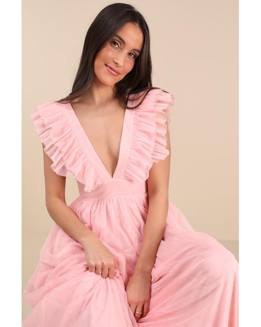 Lulus Pink Simply Delighted Mesh Ruffled Backless Maxi Dress