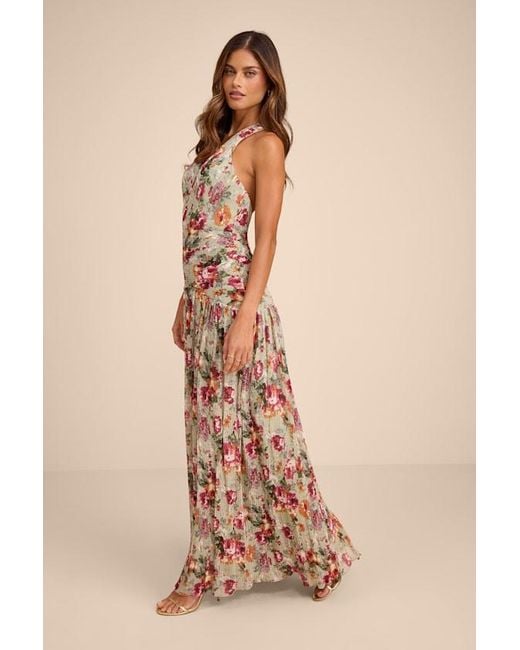 Lulus Natural Sylvanna Sage Floral Halter Drop Waist Maxi Dress