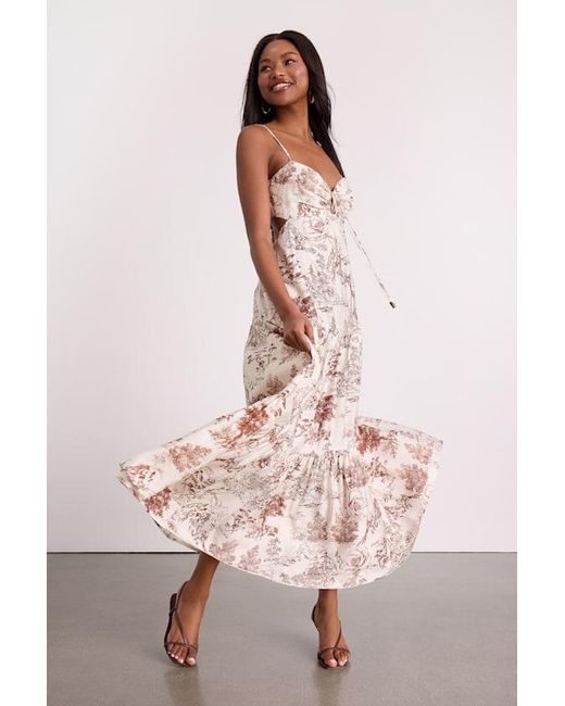 Lulus Pink Molana Cream Botanical Print Tiered Maxi Dress
