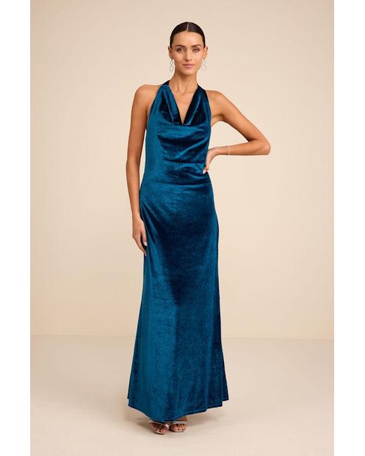 Lulus Blue Elarina Velvet Cowl Halter Mermaid Maxi Dress