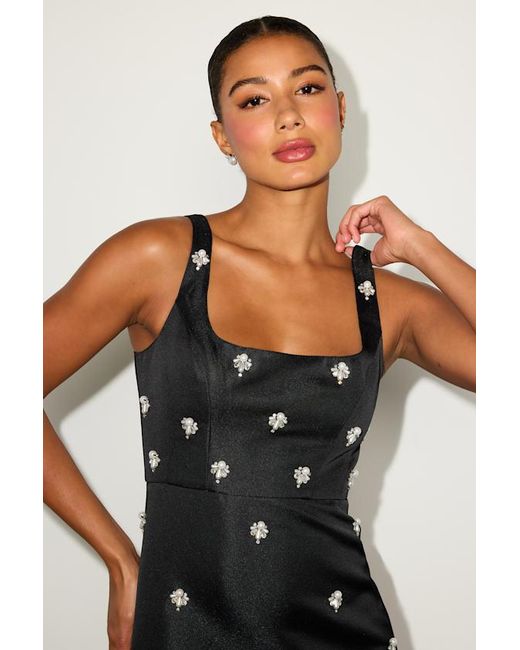 Lulus Black Naveena Satin Pearl Rhinestone Mini Dress