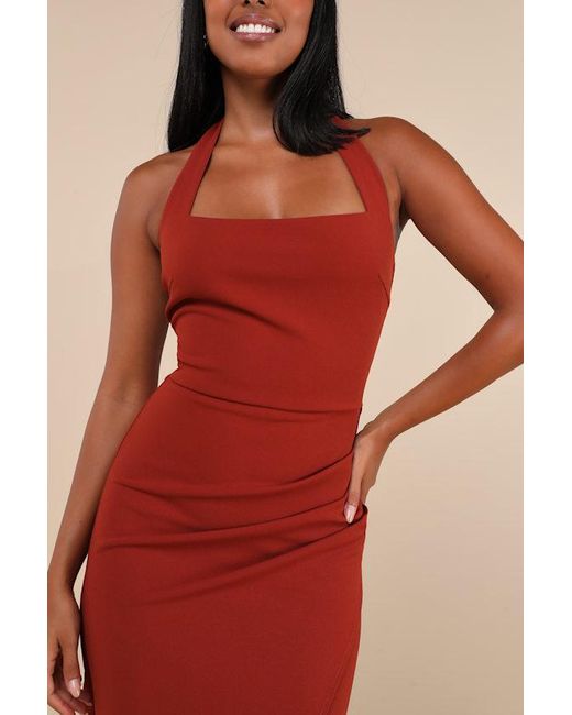 Lulus Red Prominent Charm Halter Bodycon Tulip Midi Dress