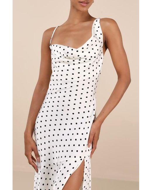 Lulus Blue Matea Polka Dot Satin Cowl Tie-Back Midi Dress