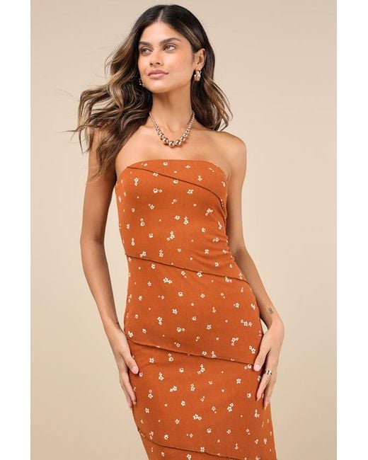 Lulus Orange Summery Spirit Rust Floral Ribbed Strapless Midi Dress