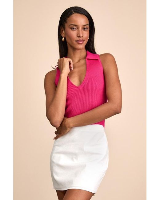 Lulus Pink Rhaella Ribbed Collared Crop Sweater Tank Top