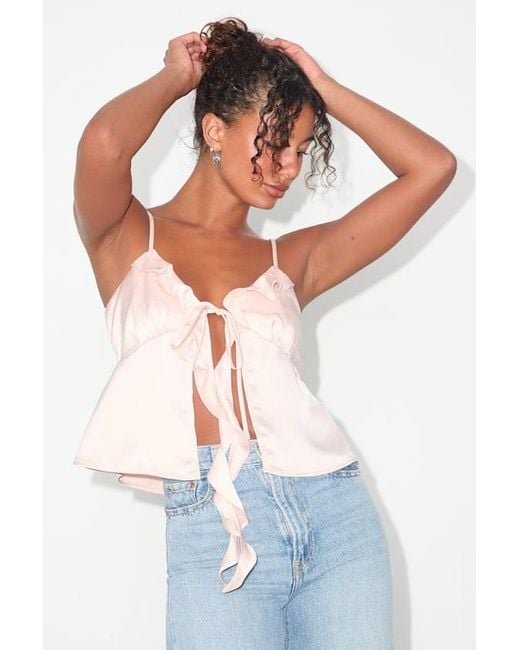 Lulus White Elsie Blush Satin Tie-Front Ruffled Cami Top