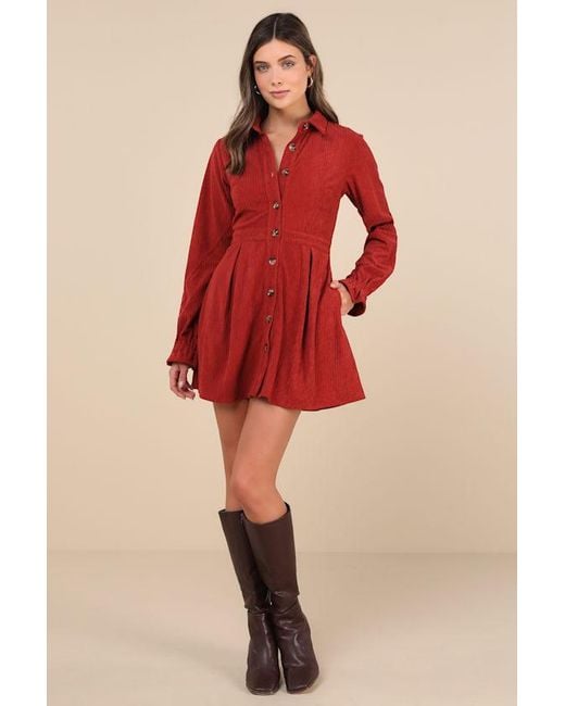 Lulus Red Autumn Mood Corduroy Mini Dress With Pockets