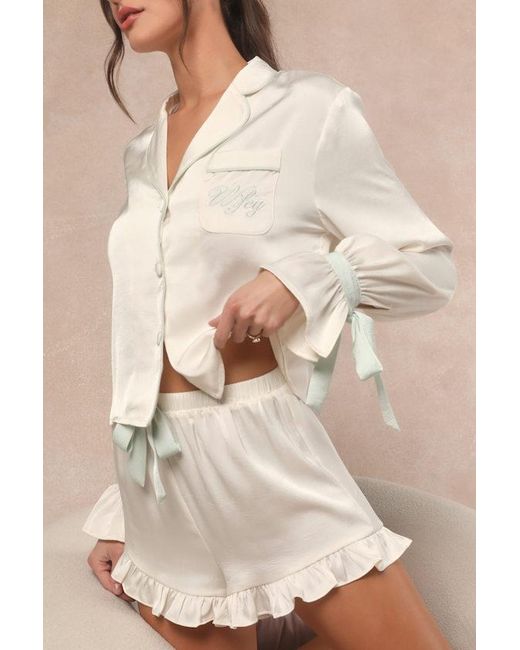 Lulus Natural Kelda And Sage Satin Embroidered Two-Piece Pajama Set