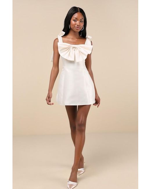 Lulus Natural Glamorous Luxury Taffeta Bow Lace-Up Mini Dress