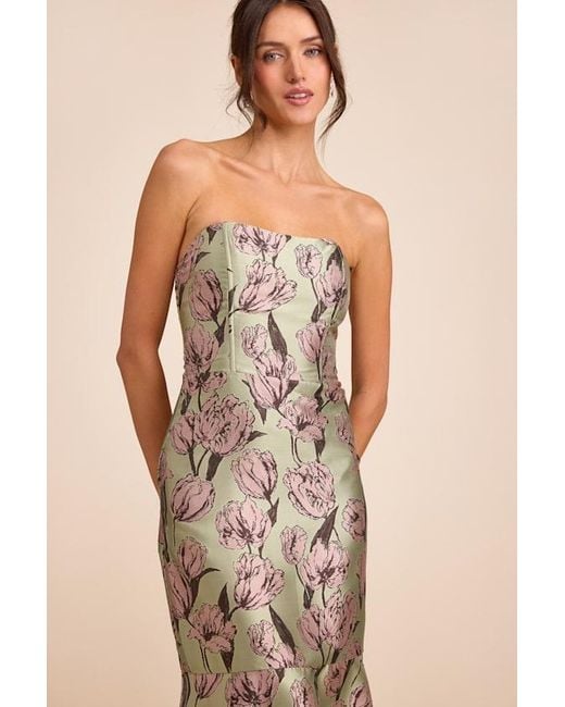 Lulus Brown Gowning Around Sage Floral Jacquard Strapless Maxi Dress