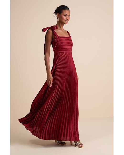 Lulus Red Gorgeous Purpose Satin Pleated Sleeveless Bow Maxi Dress