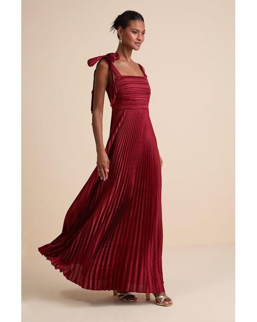 Lulus Red Gorgeous Purpose Satin Pleated Sleeveless Bow Maxi Dress