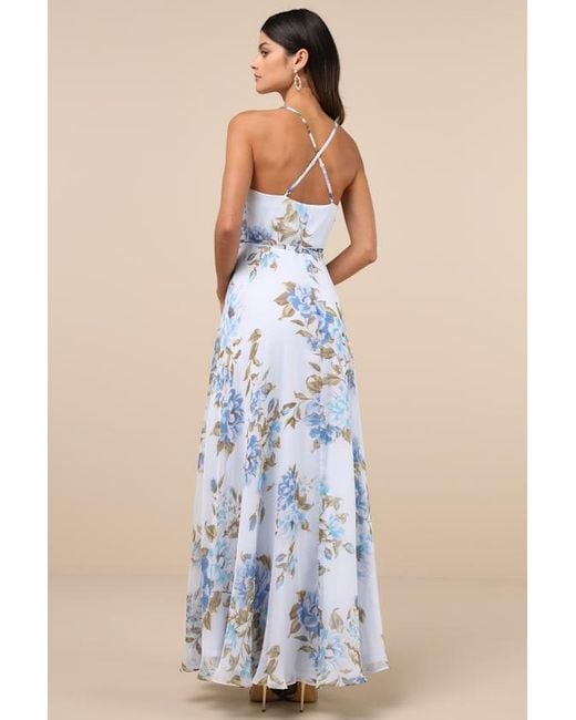 Lulus Blue Oh-So Romantic Pale Floral Print Sleeveless Wrap Maxi Dress