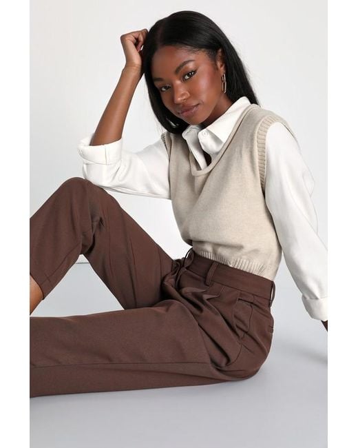 Lulus Brown Posh Promotion Twill High Rise Tapered Trouser Pants
