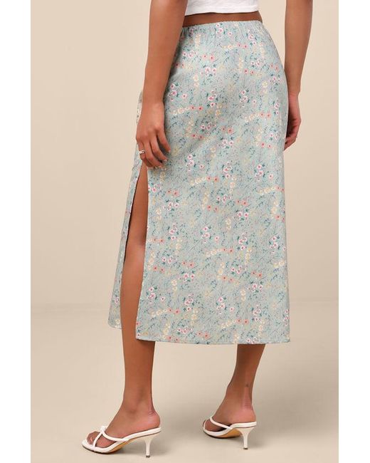 Lulus Natural Agatha Sage Multi Floral Satin Midi Skirt