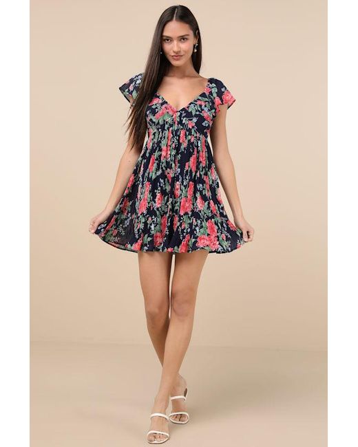 Lulus Blue Amalfi Coast Dark Floral Pleated Flutter Sleeve Mini Dress