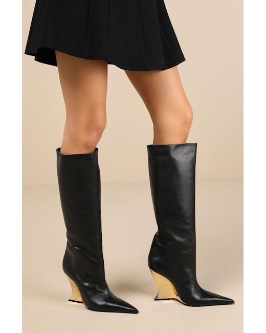 SCHUTZ SHOES Black Siena Leather Knee-High Wedge Boots