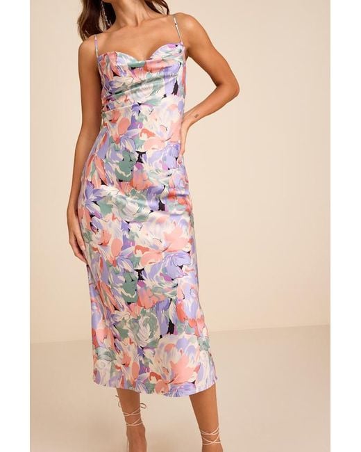 Lulus Pink Favorite Icon Floral Satin Cowl Neck Slip Midi Dress