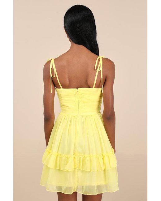Lulus Yellow Angelic Approach Chiffon Ruffled Tie-Strap Mini Dress