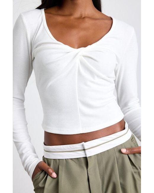 Lulus White Firona Jersey Knit Twist-Front Long Sleeve Top