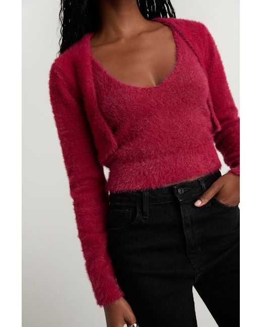 Lulus Red Mekea Eyelash Knit Tank Top And Cropped Cardigan Set