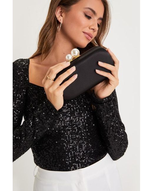Lulus Black Poised Feelings Satin Pearl Box Clutch