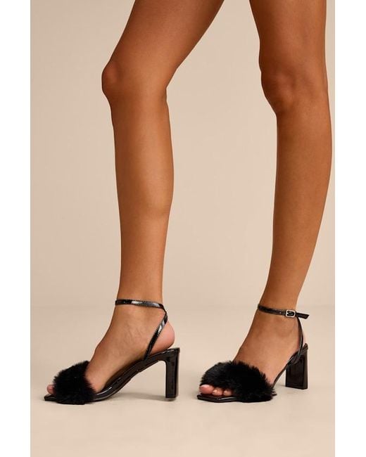 Lulus Black Kerstin Faux Fur Ankle Strap High Heel Sandals