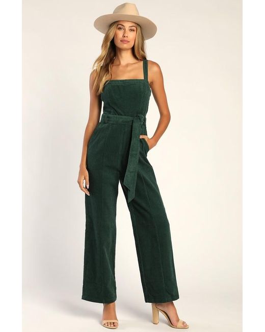 Lulus Green Cutie Season Dark Corduroy Wide-Leg Jumpsuit