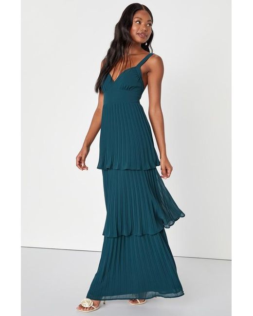 Lulus Blue Luxe Perfection Pleated Tiered Backless Maxi Dress