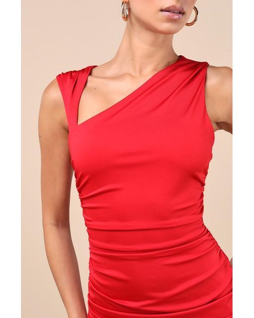 Lulus Red Enticing Darling Asymmetrical Ruched Maxi Dress