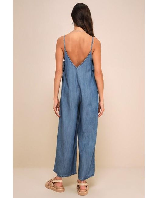 Lulus Blue Comfortably Posh Medium Wash Chambray Wide-Leg Jumpsuit