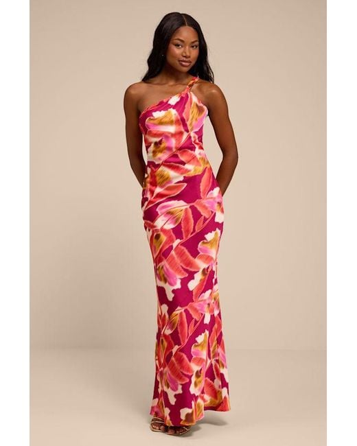 Lulus Red Sandria Multi Floral Satin One-Shoulder Maxi Dress