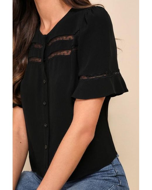 Lulus Black Remarkably Charismatic Lace Short Sleeve Button-Up Top