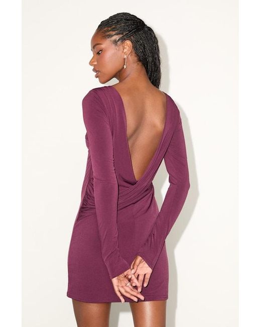 Lulus Purple Noey Jersey Knit Cowl Back Long Sleeve Mini Dress