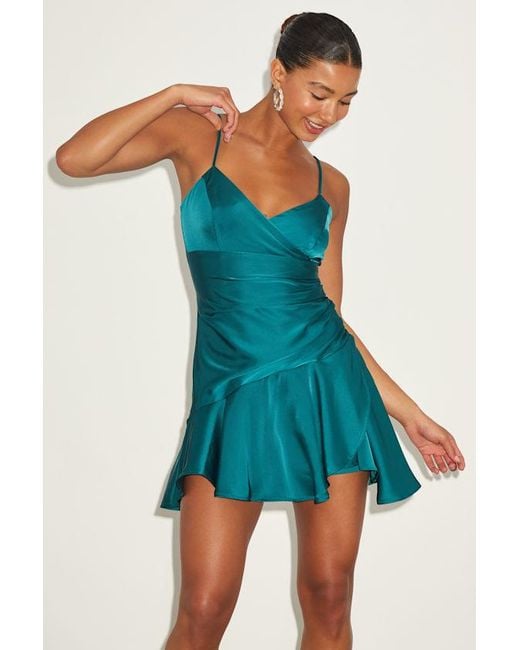 Lulus Blue Riselle Satin Asymmetrical Mini Dress