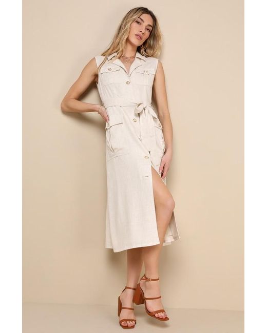 Lulus Natural Sunnier Moments Linen Button-Front Sleeveless Midi Dress