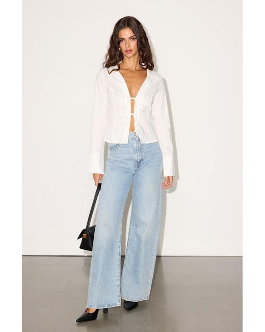 Lulus White Auclair Poplin Tie-Front Collared Long Sleeve Top